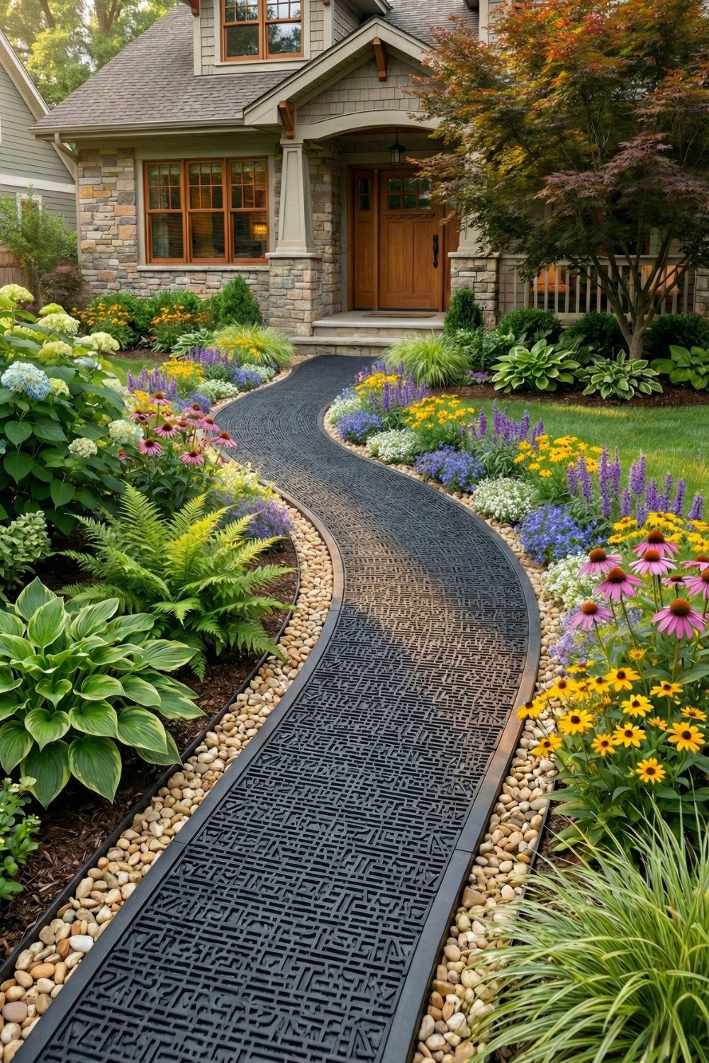 11 - front-yard-garden-landscaping-simple-curved-walkway-perennials-design