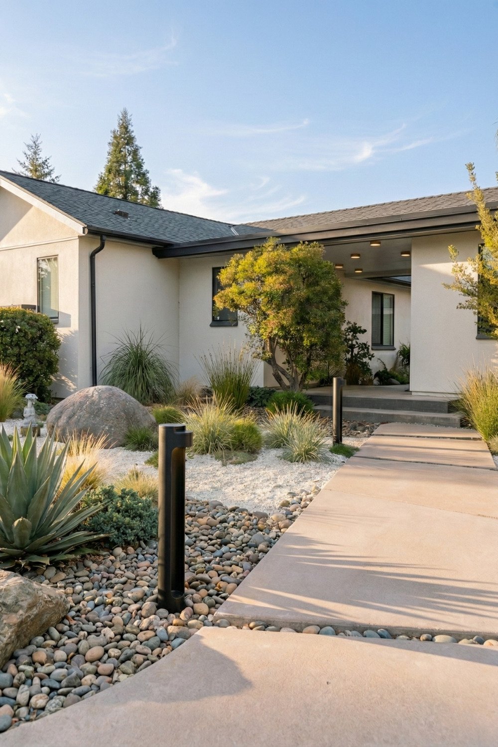 17 - front-yard-garden-landscaping-simple-modern-walkway-gravel-design