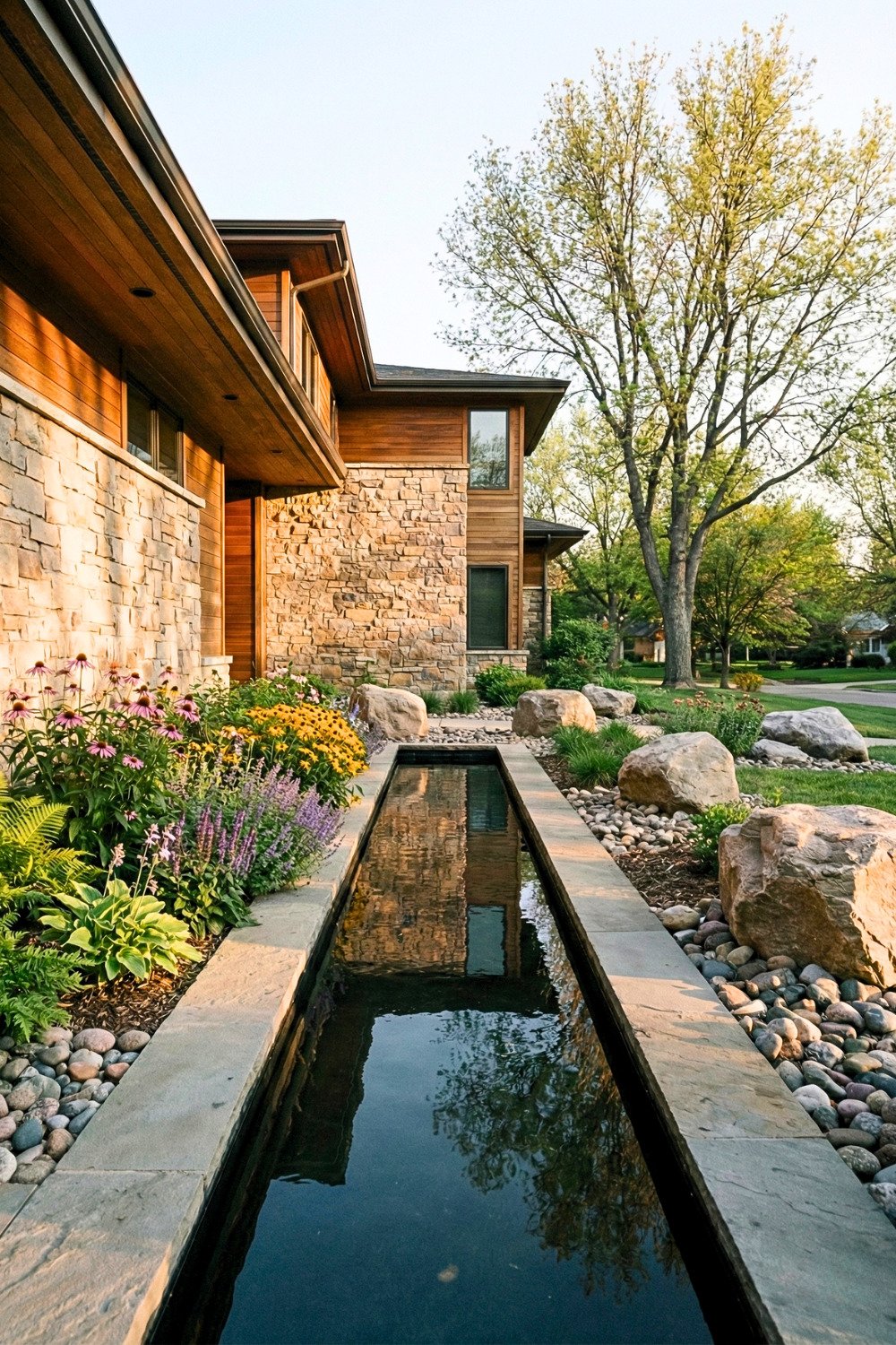 21 - front-yard-garden-landscaping-simple-water-feature-stone-channel
