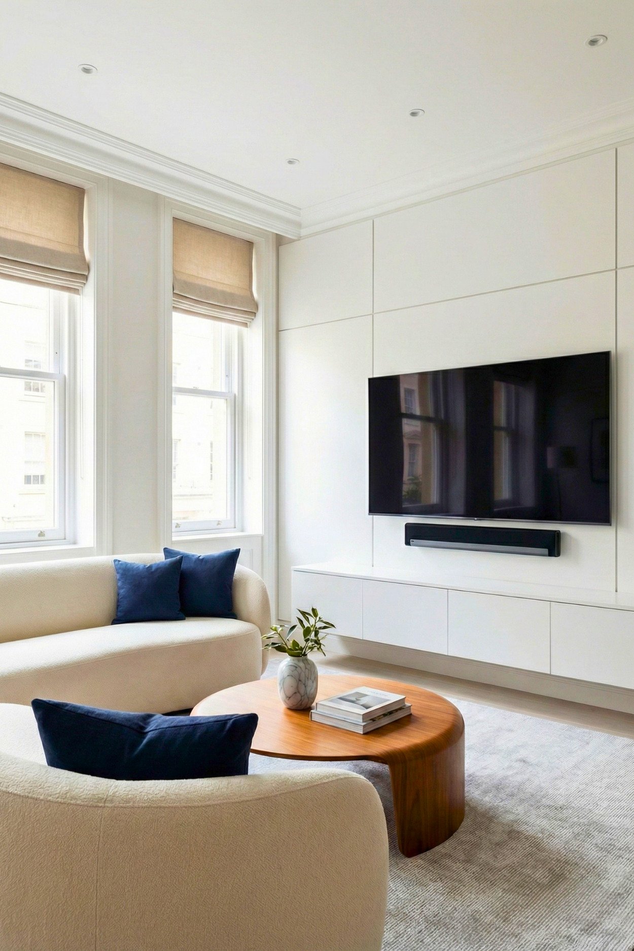 11. Clean Minimalist TV Wall Setup For A Bright Small Living Room