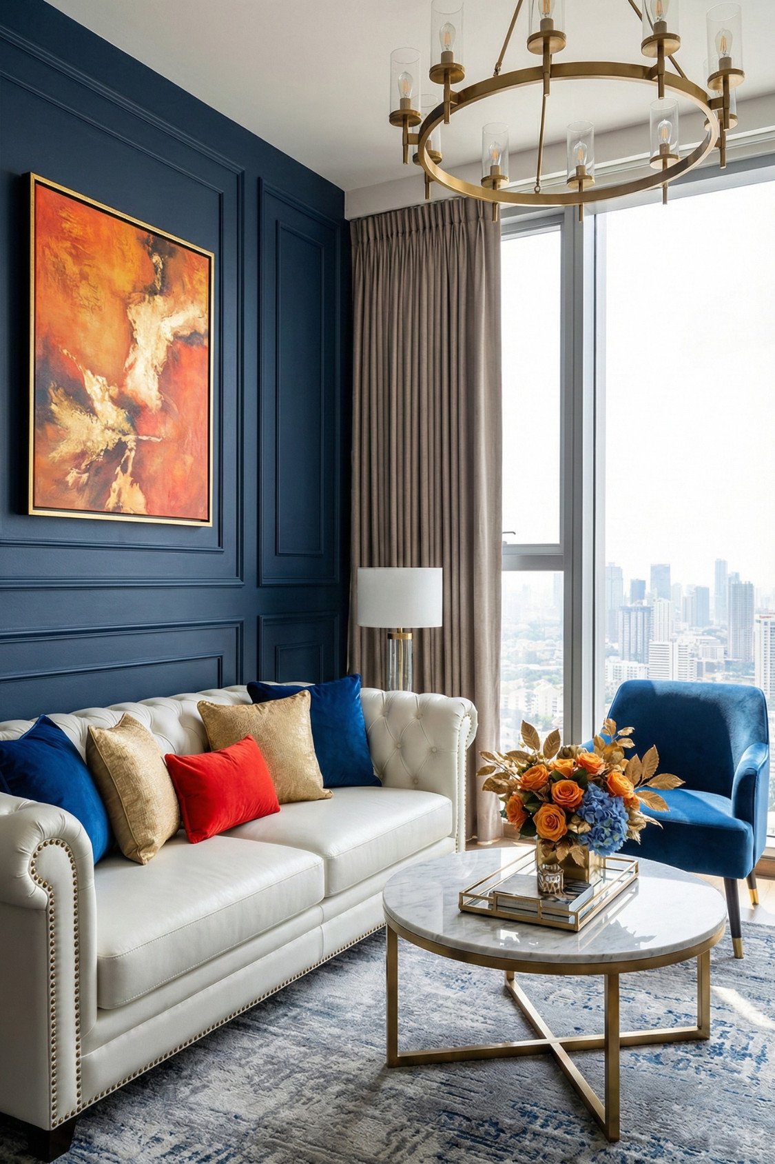 12. Navy Wall, Gold Chandelier, And A White Sofa That Looks Expensive