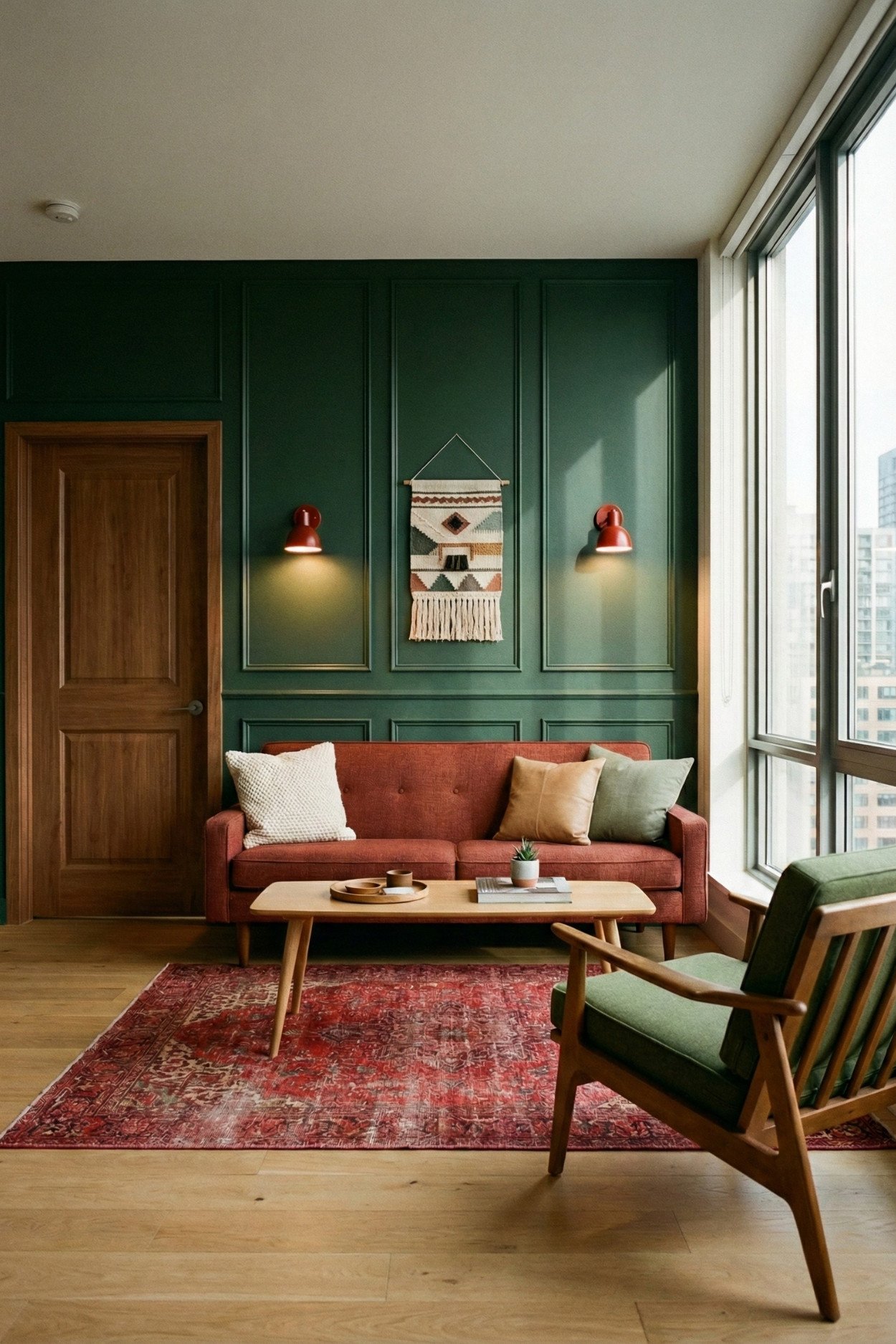 13. Green Paneling And A Rust Sofa For A Cozy Modern Small Space.png