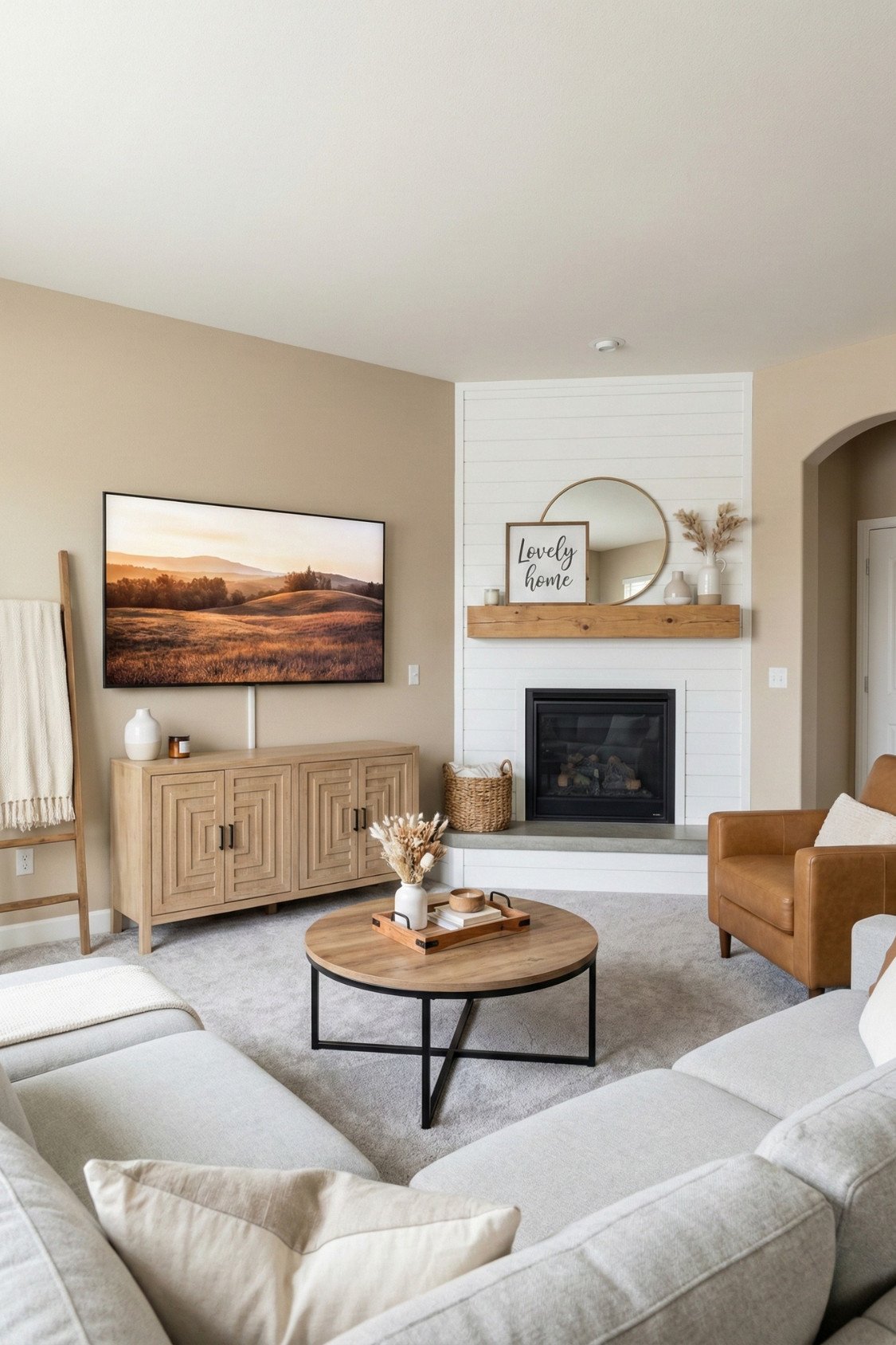 16. Modern Farmhouse TV Wall With Shiplap Fireplace And Warm Wood Tones