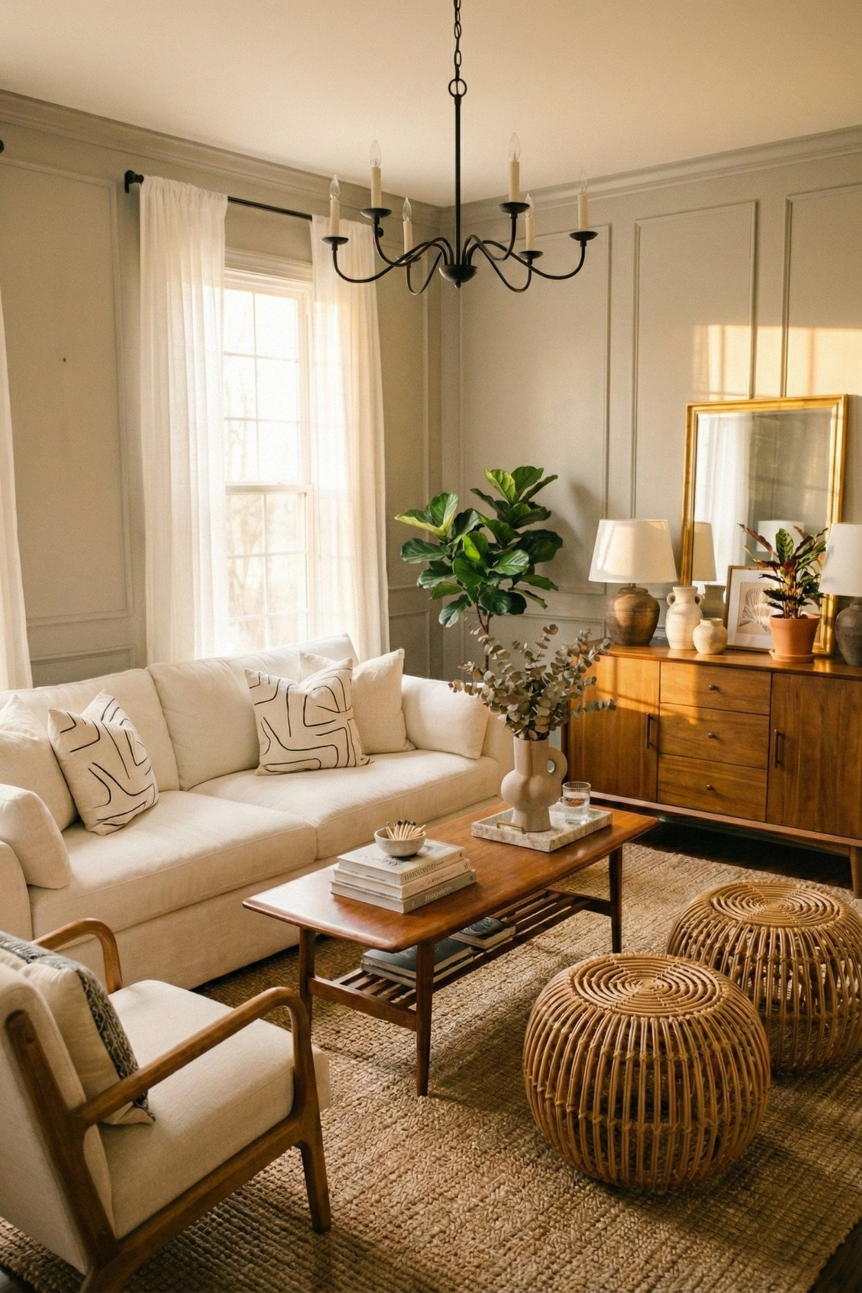 17. Warm Modern Organic Living Room With Rattan Accents And Soft Neutrals