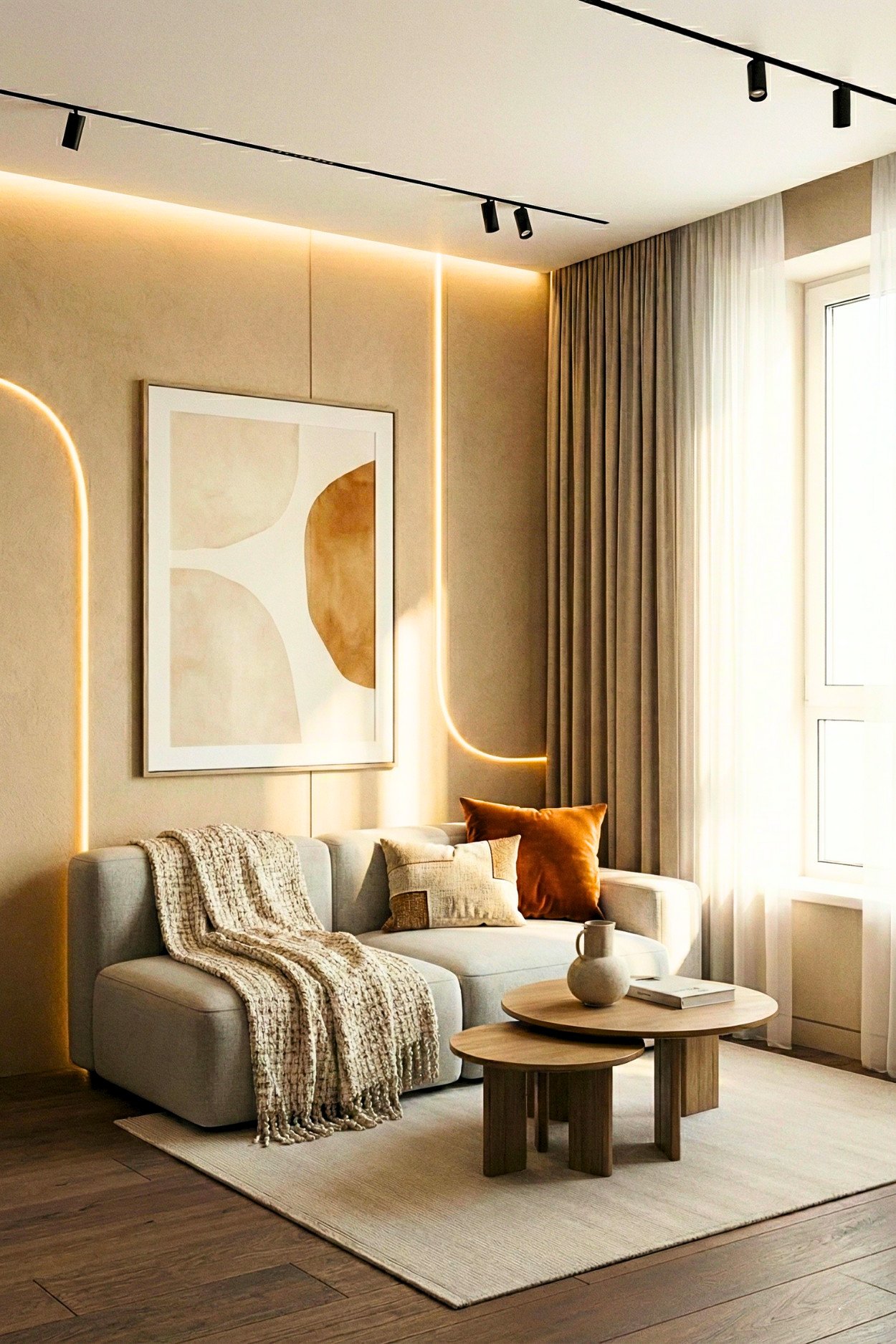18. Warm LED Glow And Soft Neutrals In A Modern Small Living Room