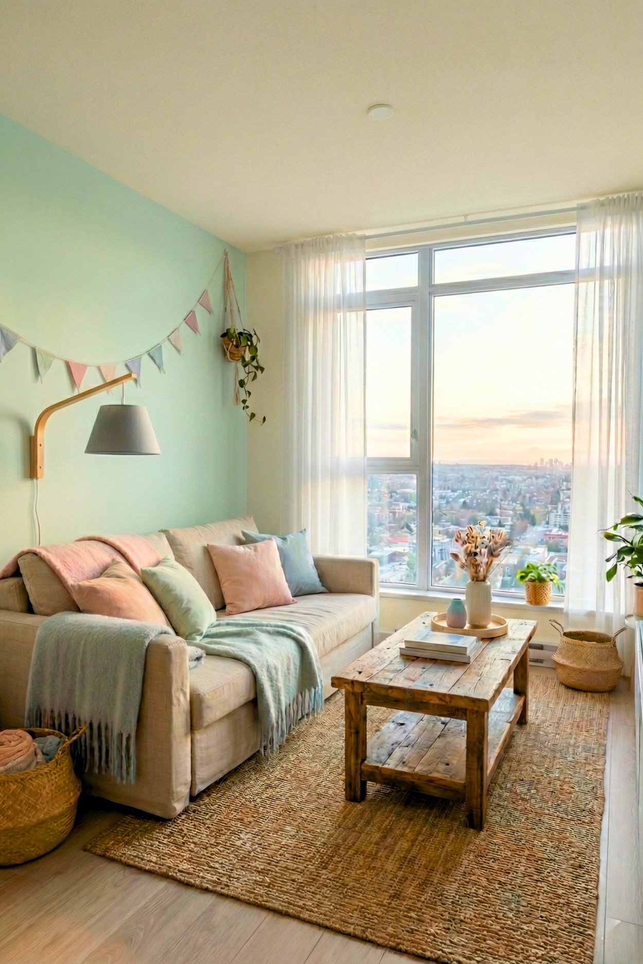 2. Soft Pastel Small Living Room With Big-Window Light And Cozy Textures
