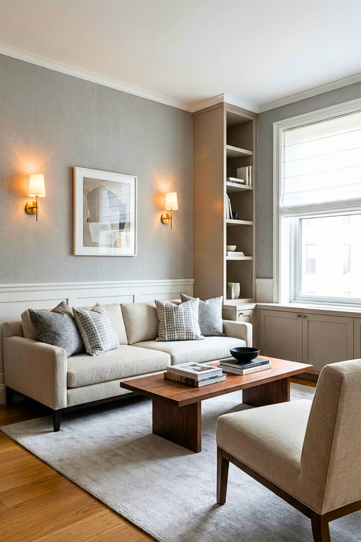 20. Calm Beige Living Room With Built-In Shelves And Soft Wall Sconces