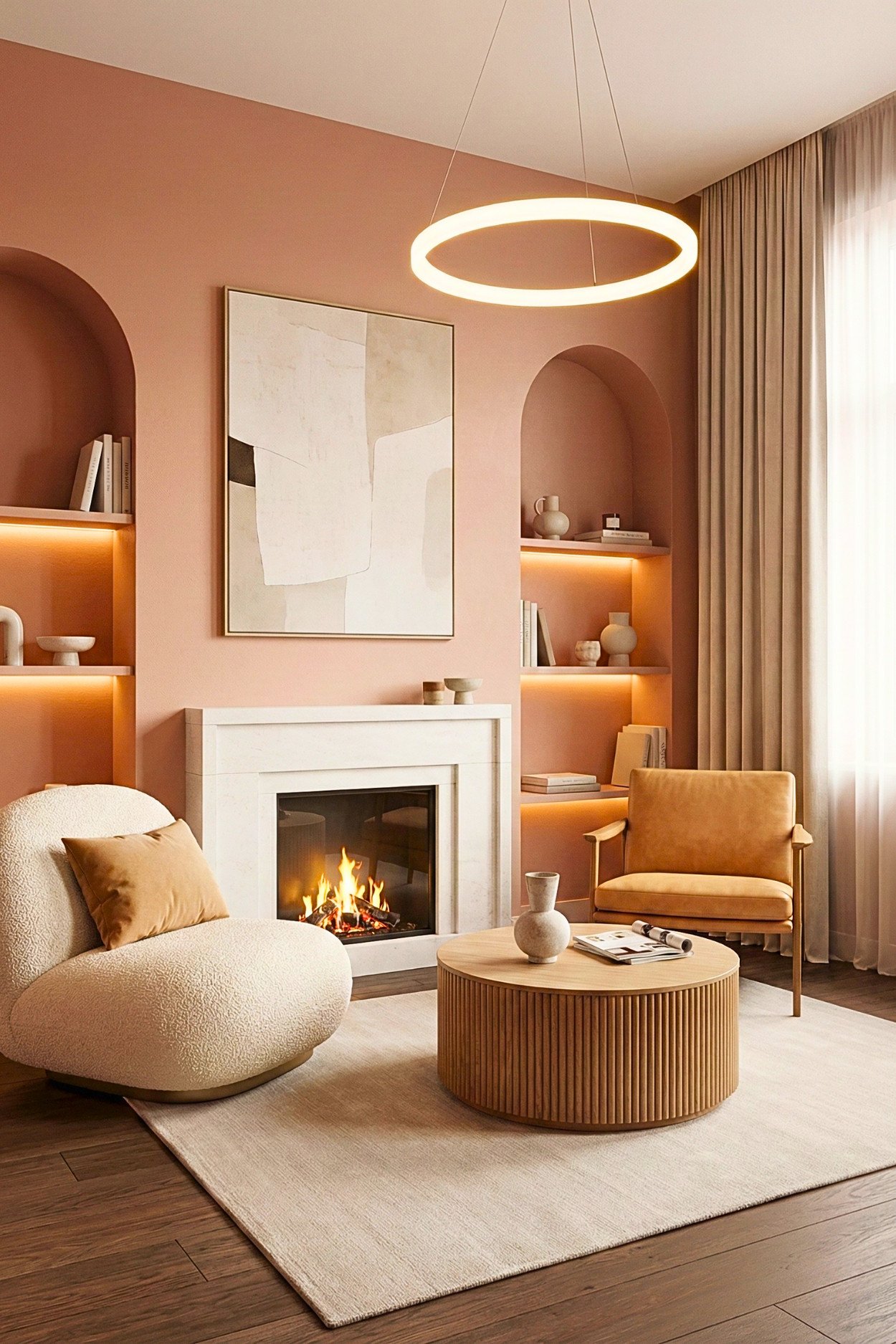 21. Blush Modern Luxury With Arched Shelves And A Cozy Fireplace