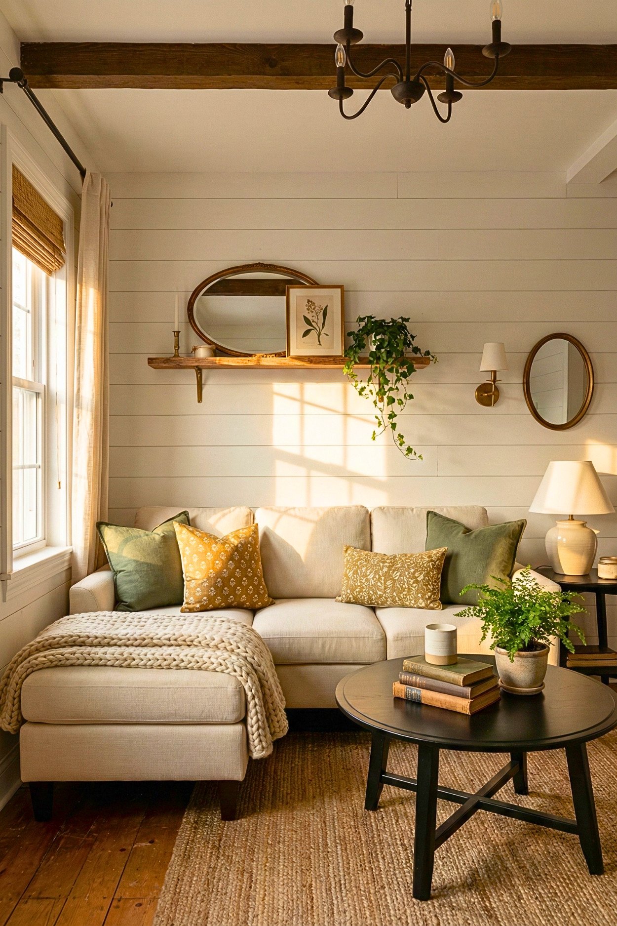 22. Cozy Farmhouse Living Room With Shiplap, Warm Wood, And Green Pillows
