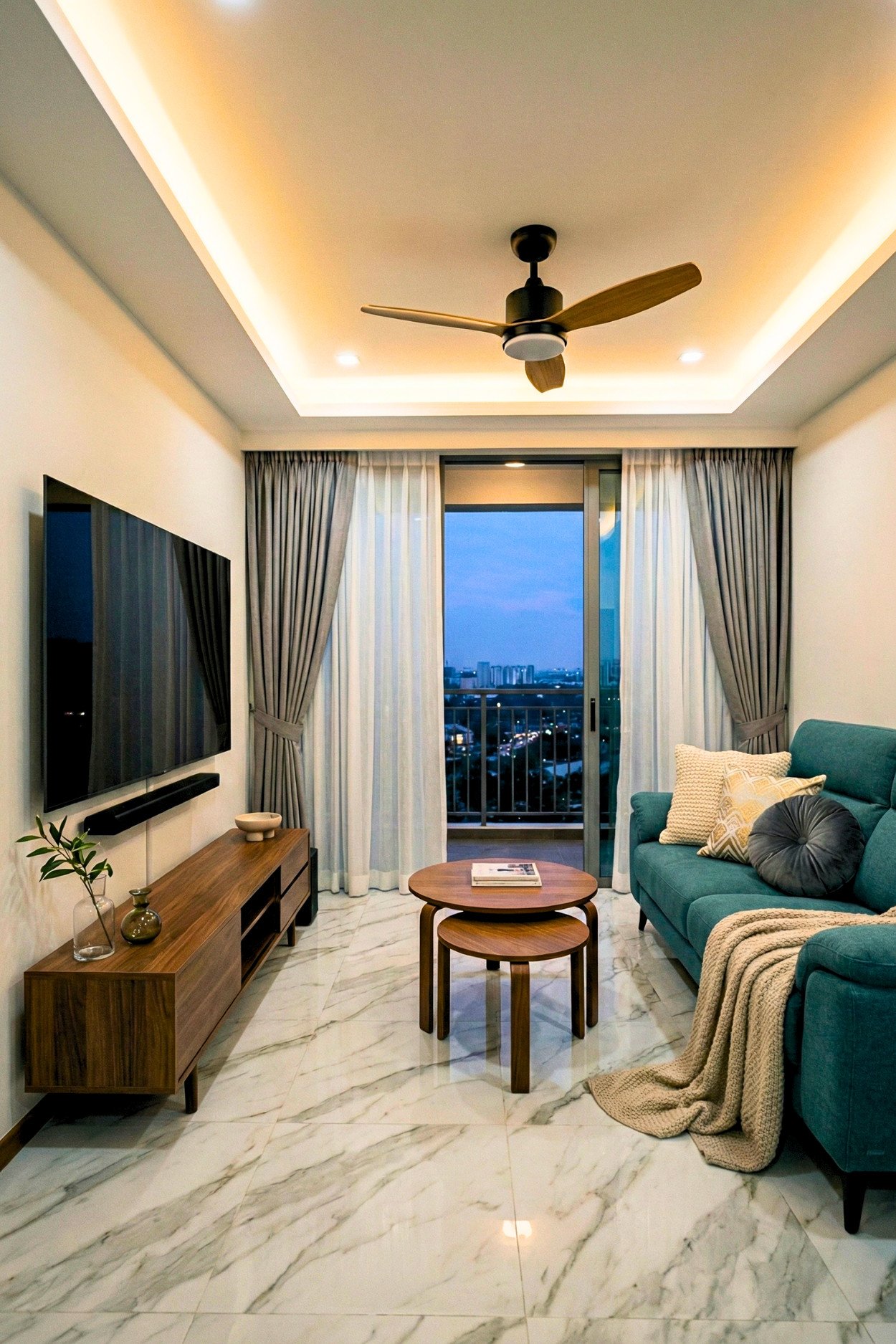 23. Clean Modern Apartment Layout With A TV Wall And Teal Sofa