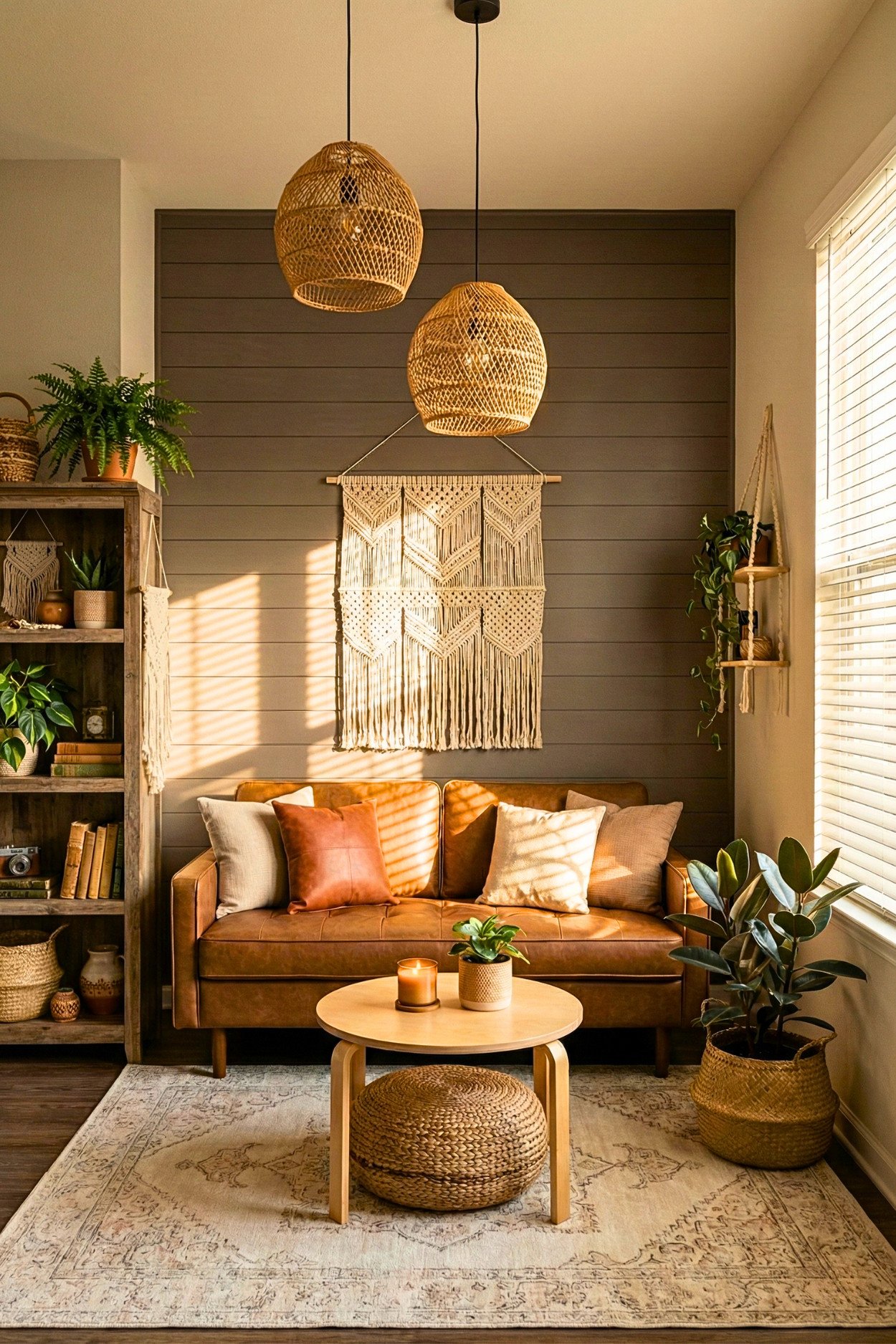 24. Warm Boho Leather Lounge With Rattan Lighting