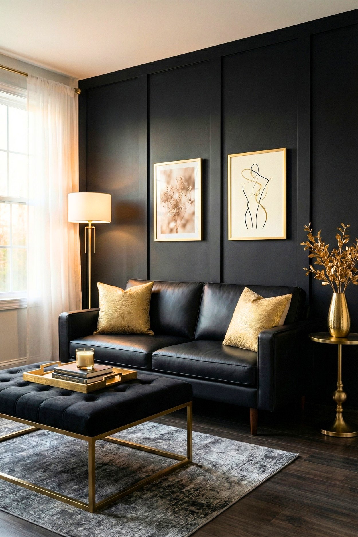 25. Modern Moody Black Wall With Soft Gold Touches