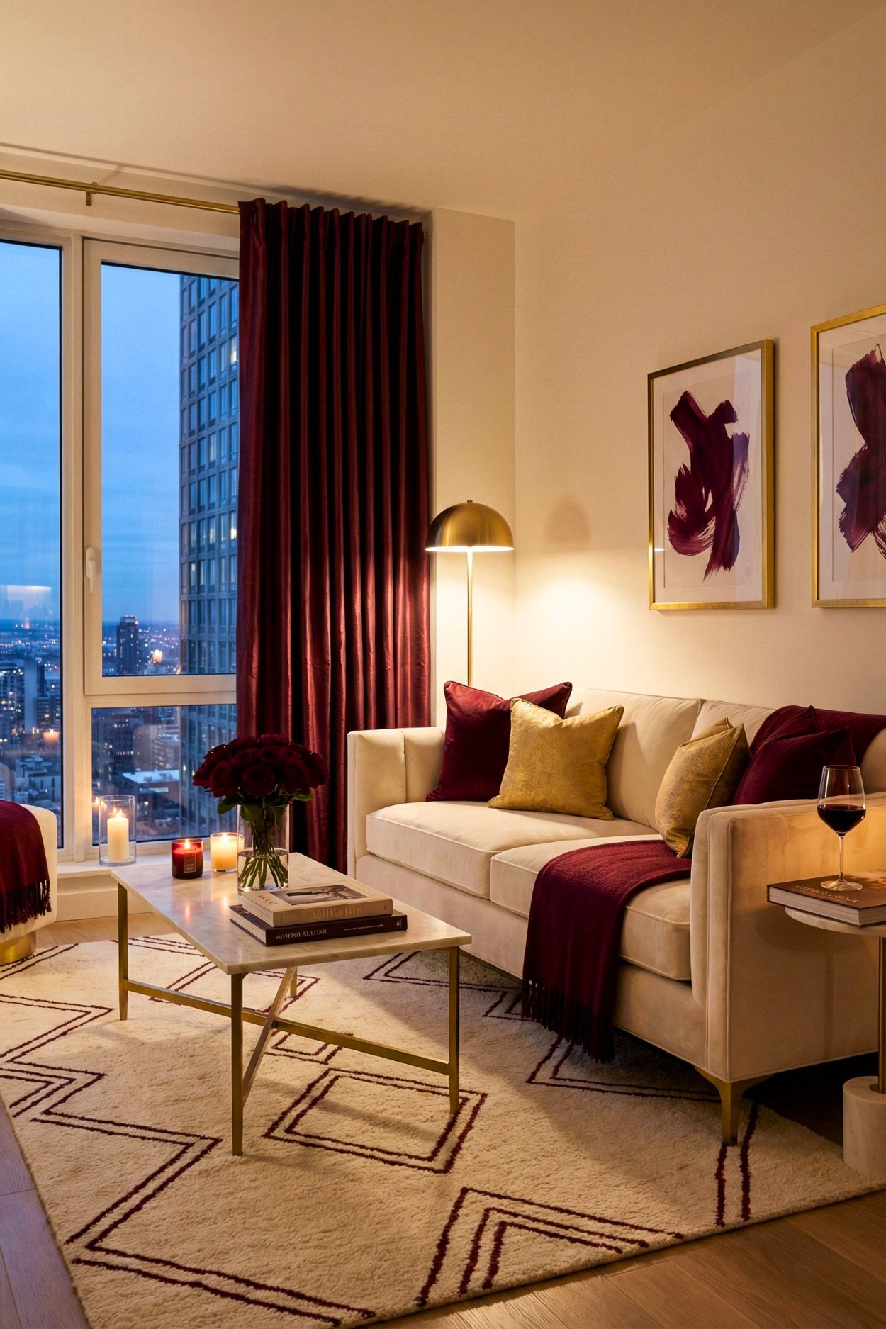4. Beige Sofa + Burgundy Accents For A Cozy, Luxe Apartment Feel