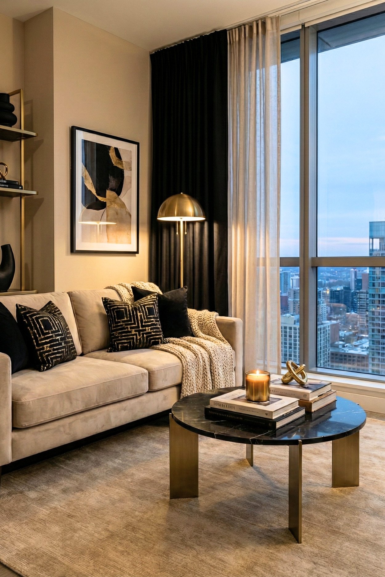 5. Modern Black-And-Beige Living Room With Sheer Curtains And A Round Table