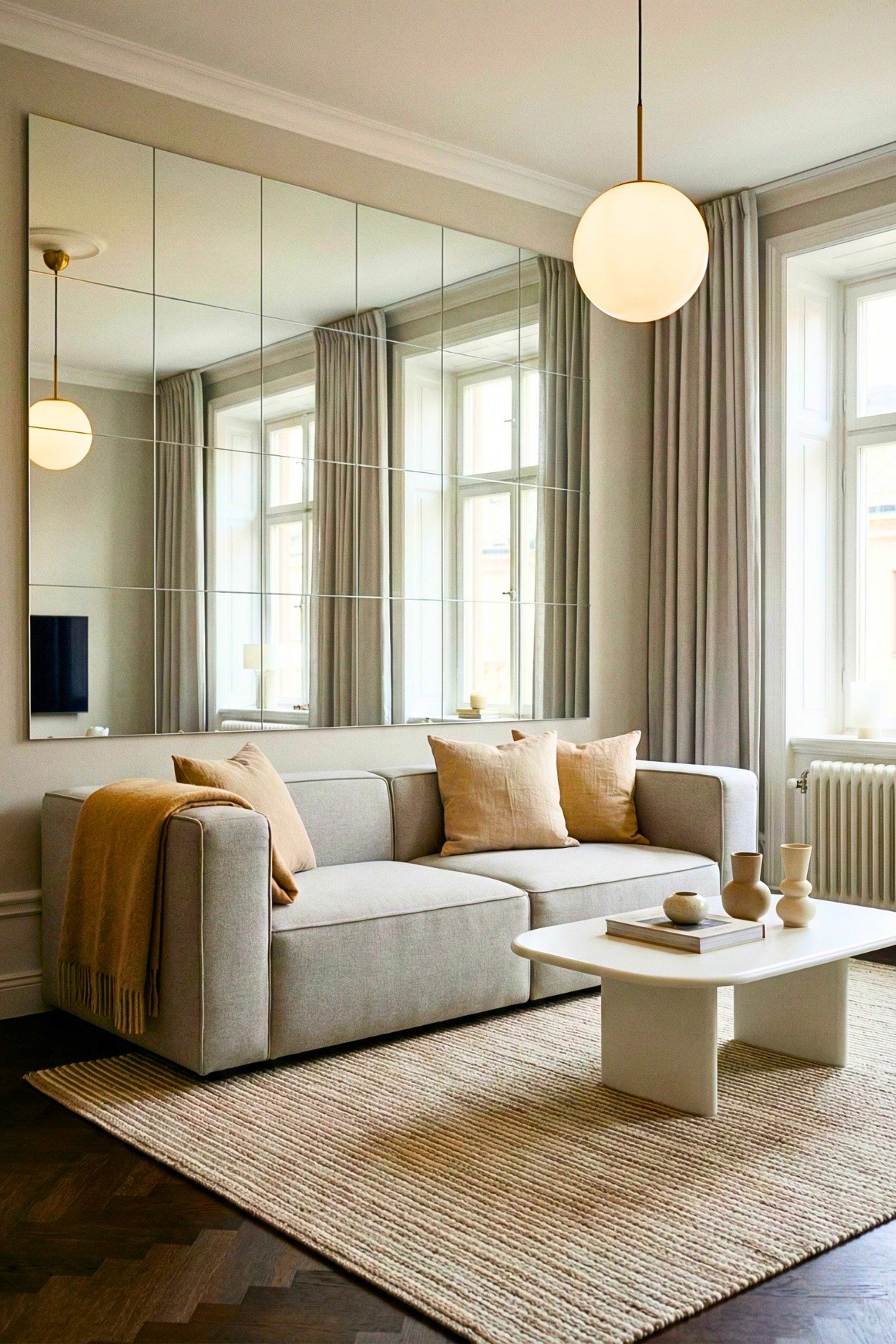 6. Mirror-Wall Minimalism For A Bright, Bigger-Feeling Small Living Room