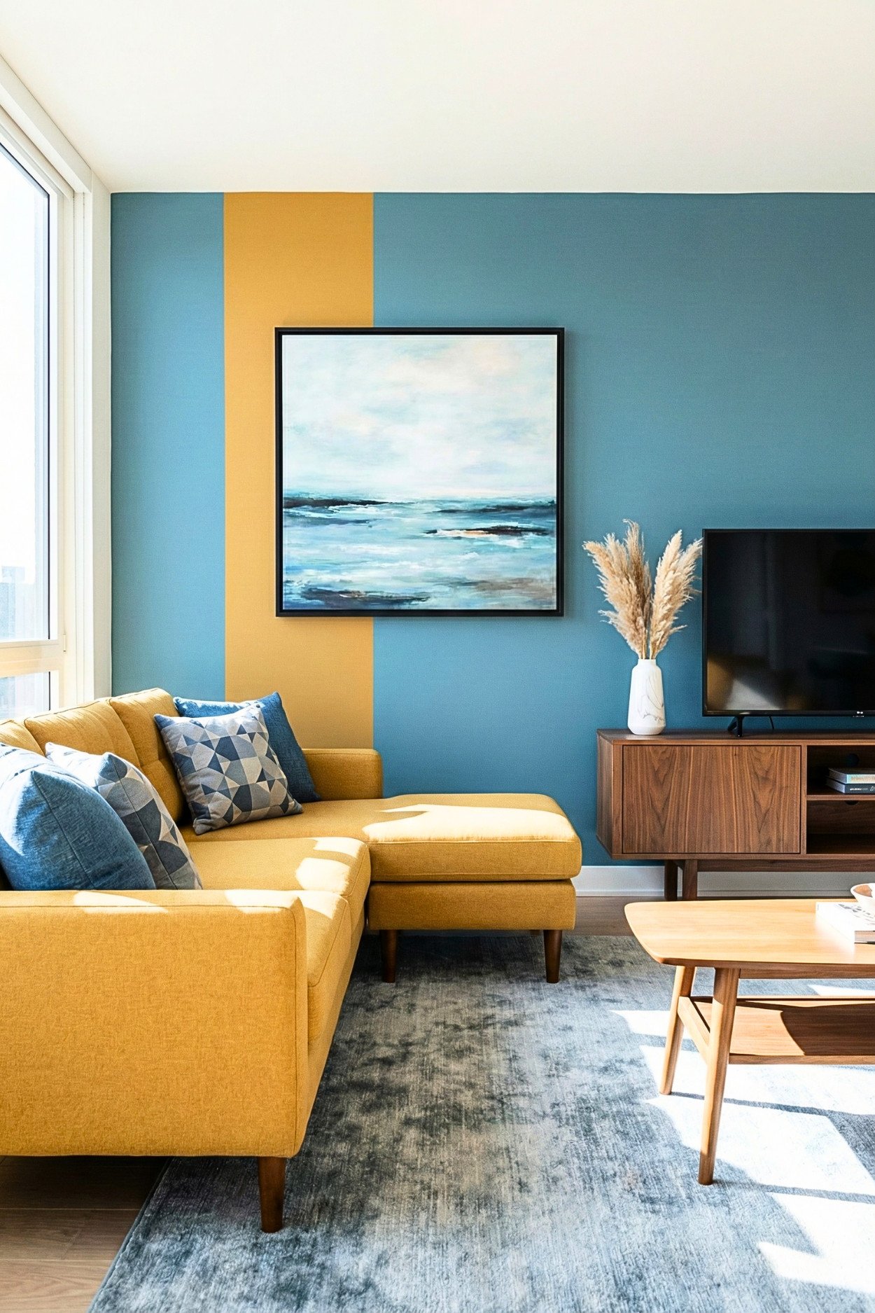 8. Mid-Century Modern Color-Block Living Room With Mustard Sofa And Blue Wall
