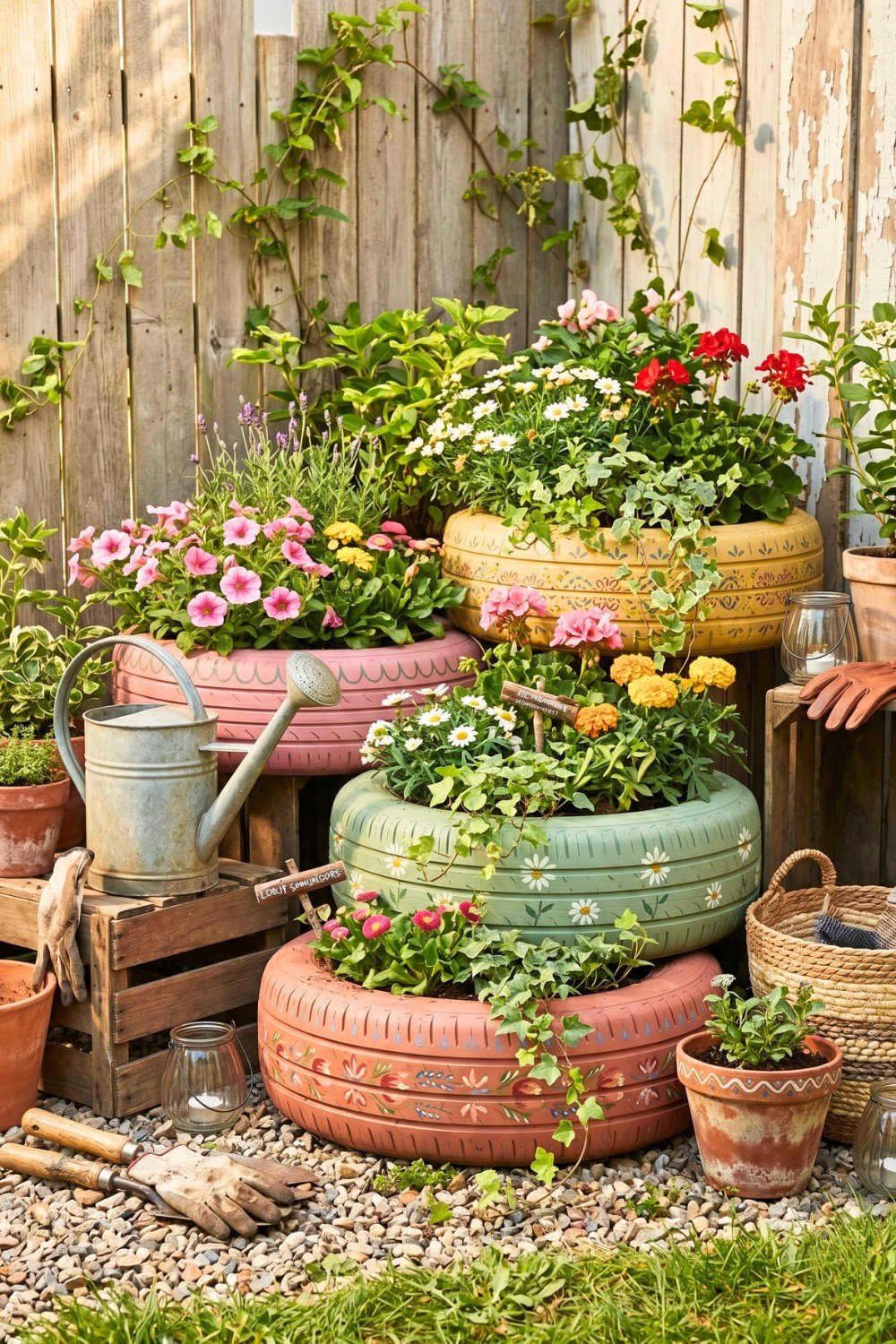 1. Painted Tire Garden Planters Bring Creative Outdoor Decoration to a Backyard Flower Corner