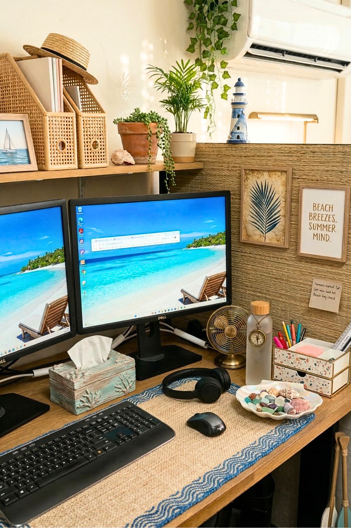 10. Beachy Cubicle Desk With Coastal Summer Decor