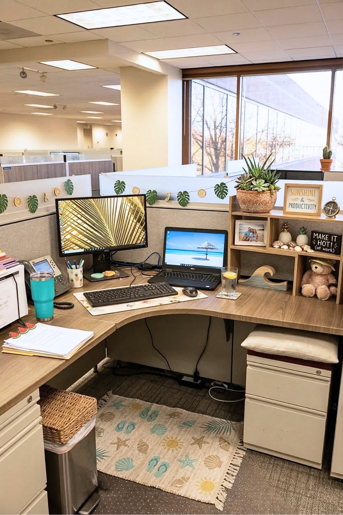11. Plant-Filled Summer Office Desk With Creative Shelving