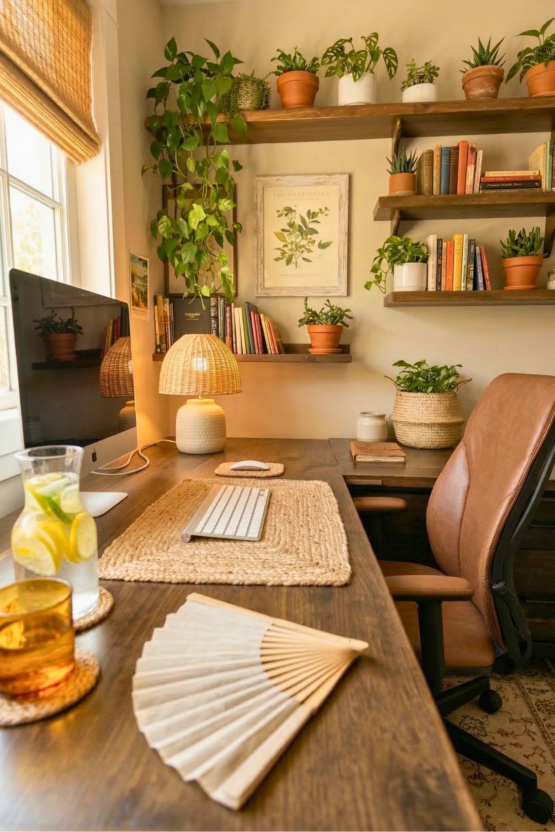14. Warm Neutral Summer Office With Wood Shelves And Plants