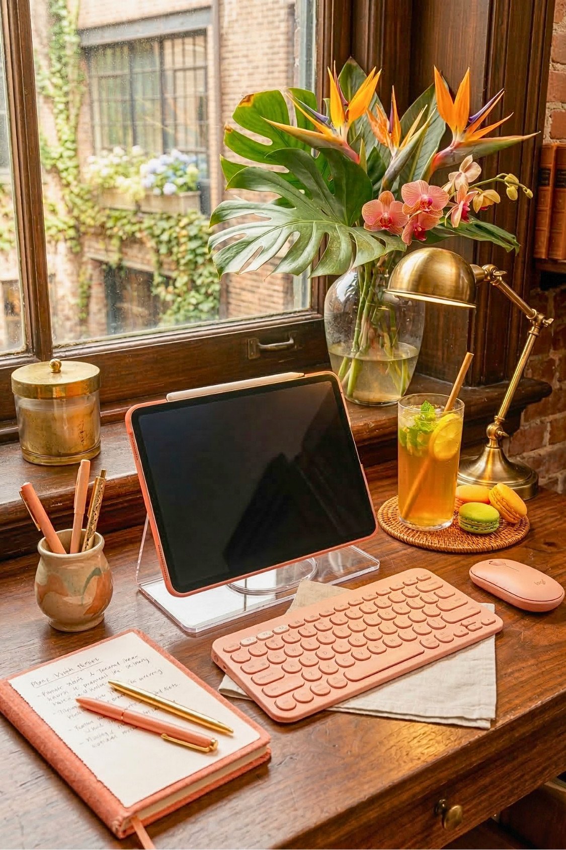 15. Tropical Summer Desk Styling With Bright Flowers And Pink Accessories