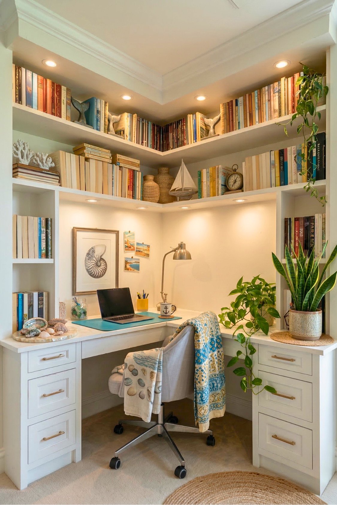 16. Coastal Built-In Summer Office With Books And Beach Accents