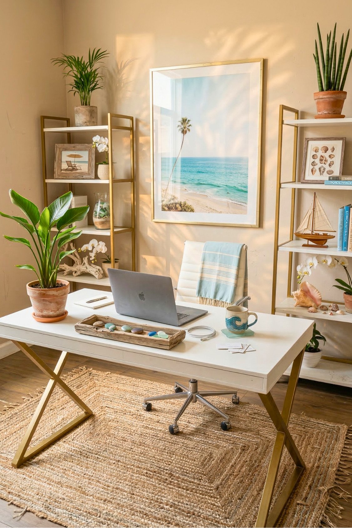 17. Elegant Beach-Inspired Summer Office With Gold Shelves
