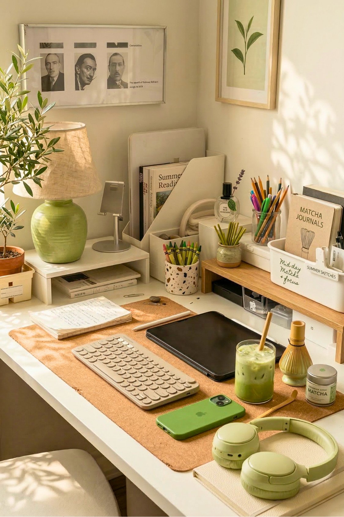 18. Soft Green Summer Desk With Matcha And Calm Styling