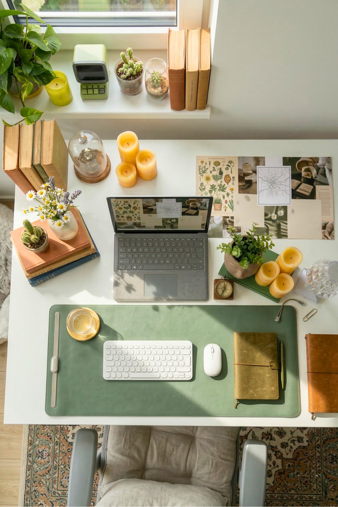 19. Minimal Summer Workspace With Green Desk Pad And Botanical Mood Board