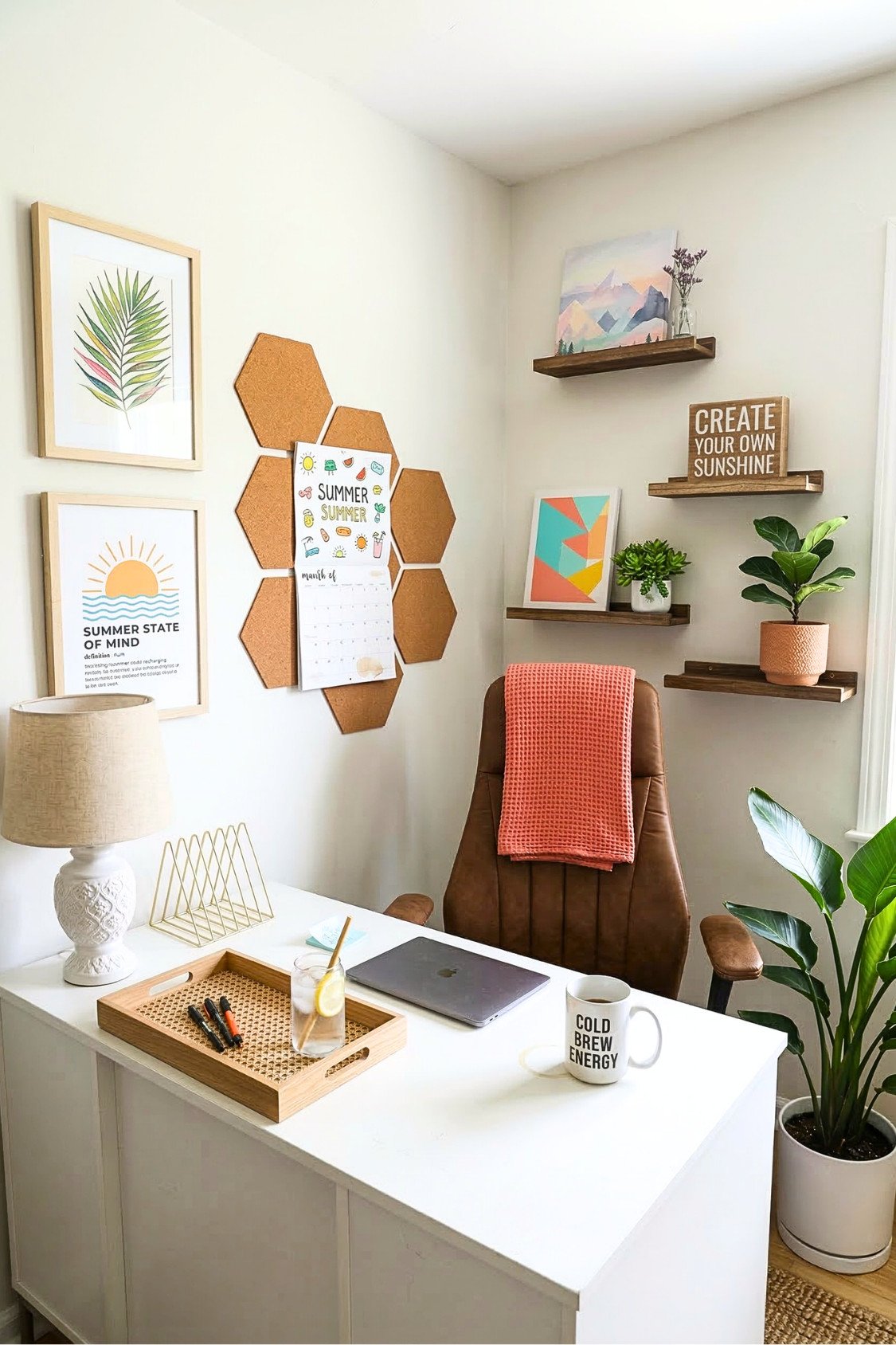 2. Bright Summer Corner Office With Floating Shelves