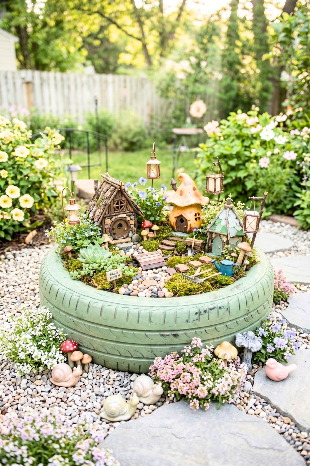 2. Recycled Tire Fairy Garden Adds Whimsical Art and Miniature Decorations to the Yard