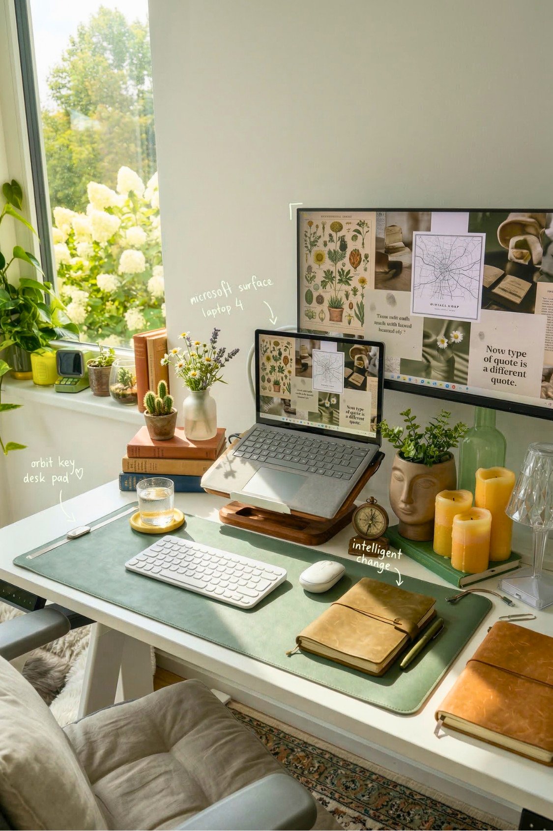 20. Bright Summer Office Desk With Laptop Stand And Green Accents