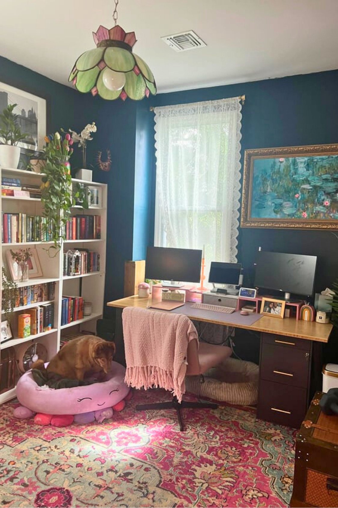 21. Summer Office Decor With Moody Walls Statement Lighting And Personal Touches