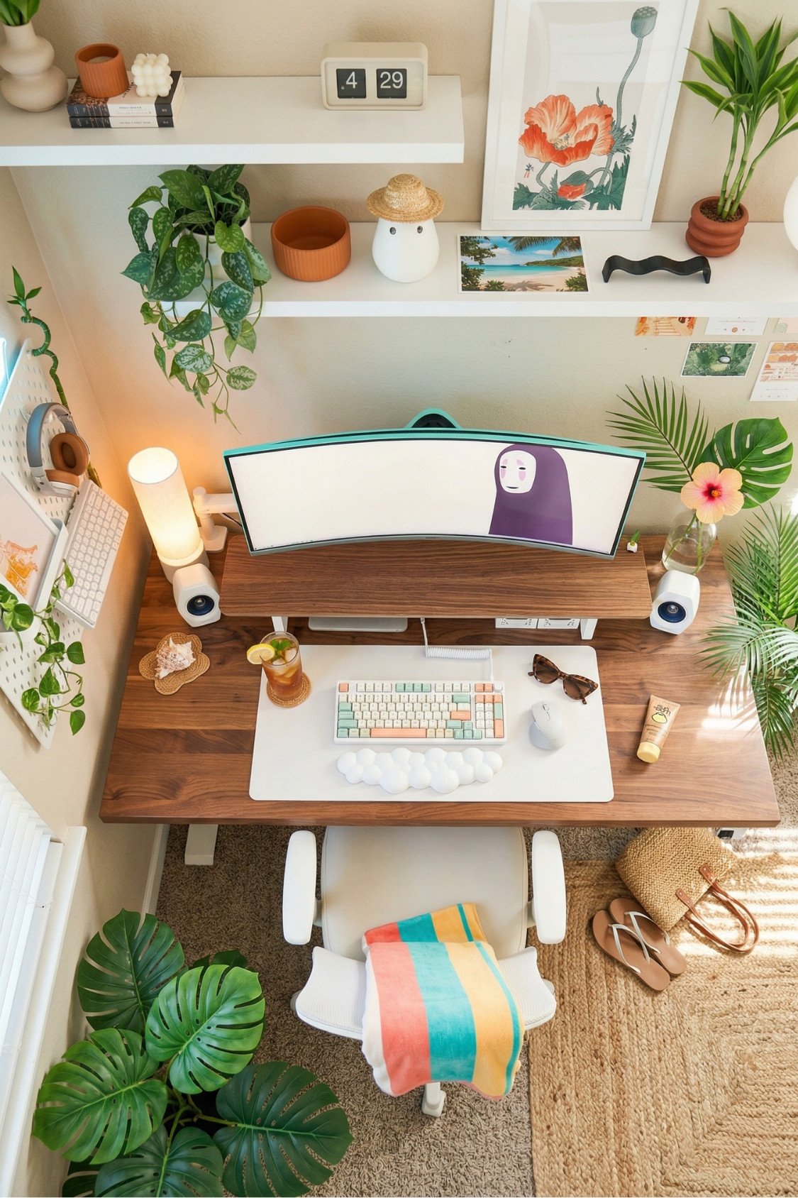 26. Bright Summer Office Desk Decor With Plants And White Shelves