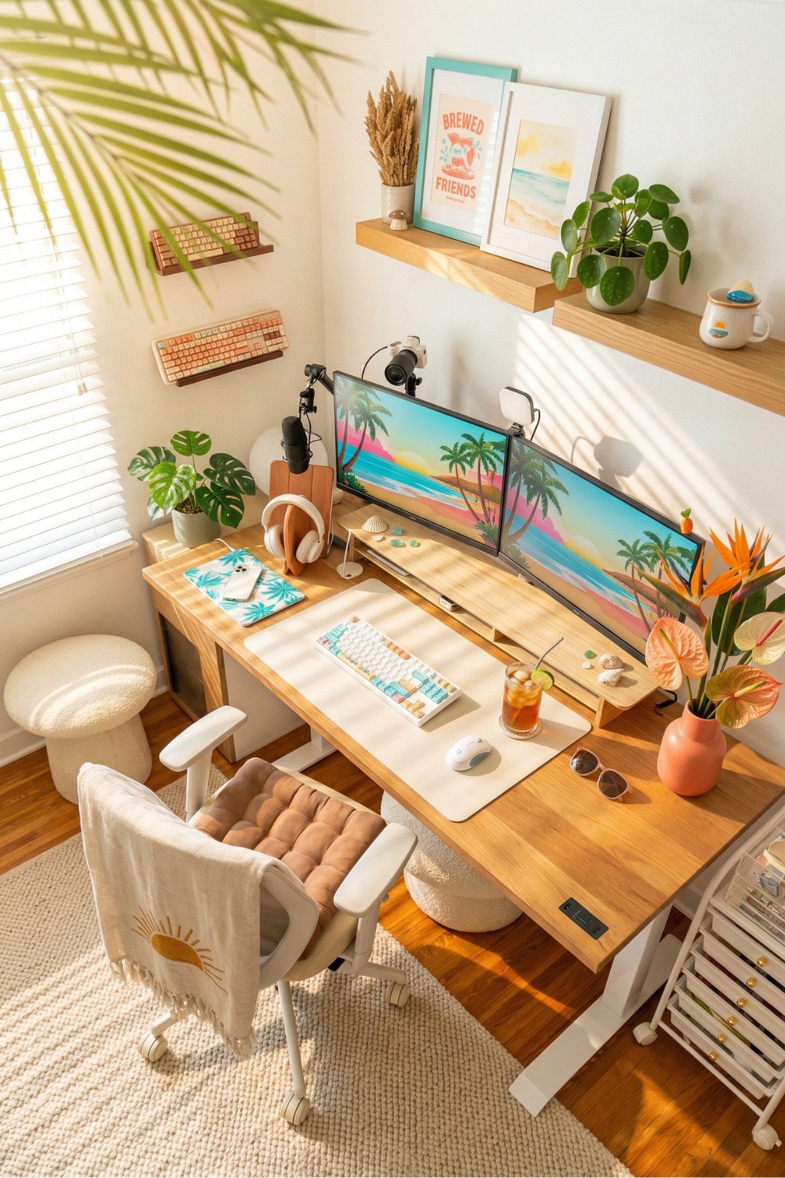27. Cozy Summer Office Setup With Dual Monitors And Coastal Decor