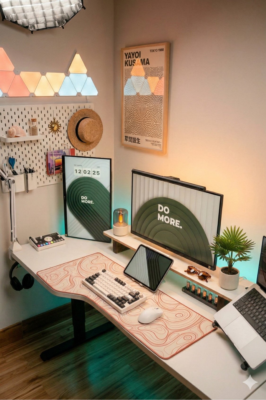 28. Modern Summer Office Desk Ideas With Soft Lighting And Wall Decor
