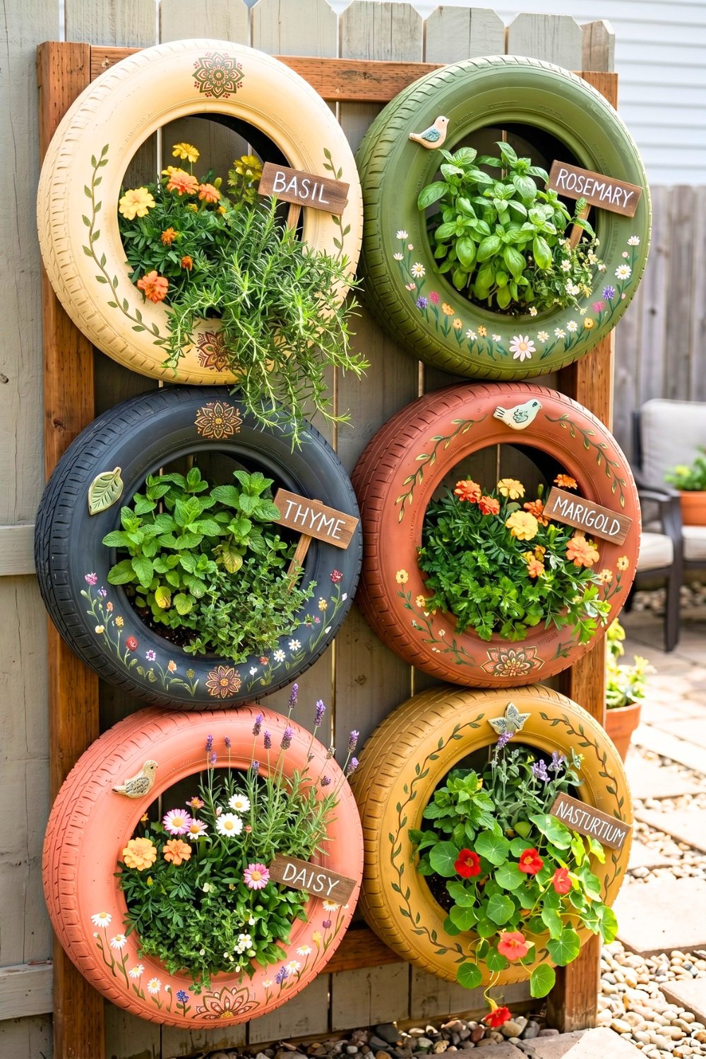 3. Vertical Tire Herb Planters Create Colorful Garden Decoration for an Outdoor Home Wall