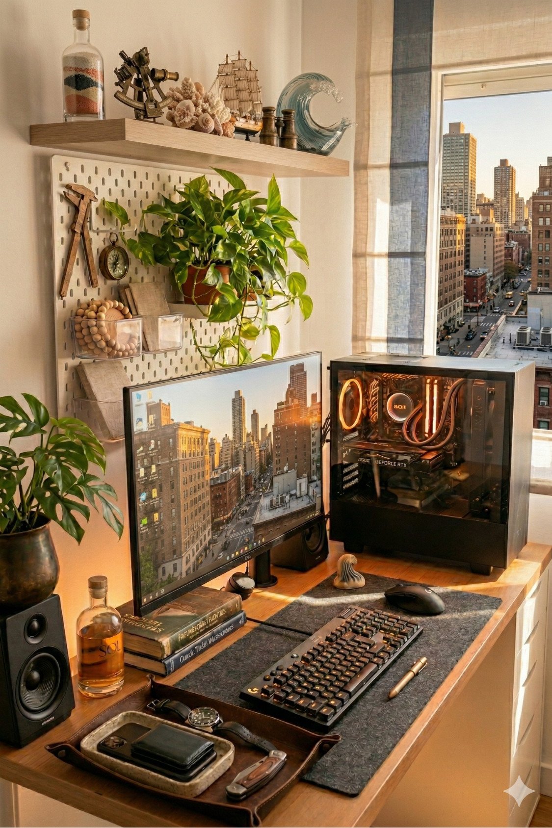 30. Stylish Summer Home Office With City Views And Natural Wood Decor