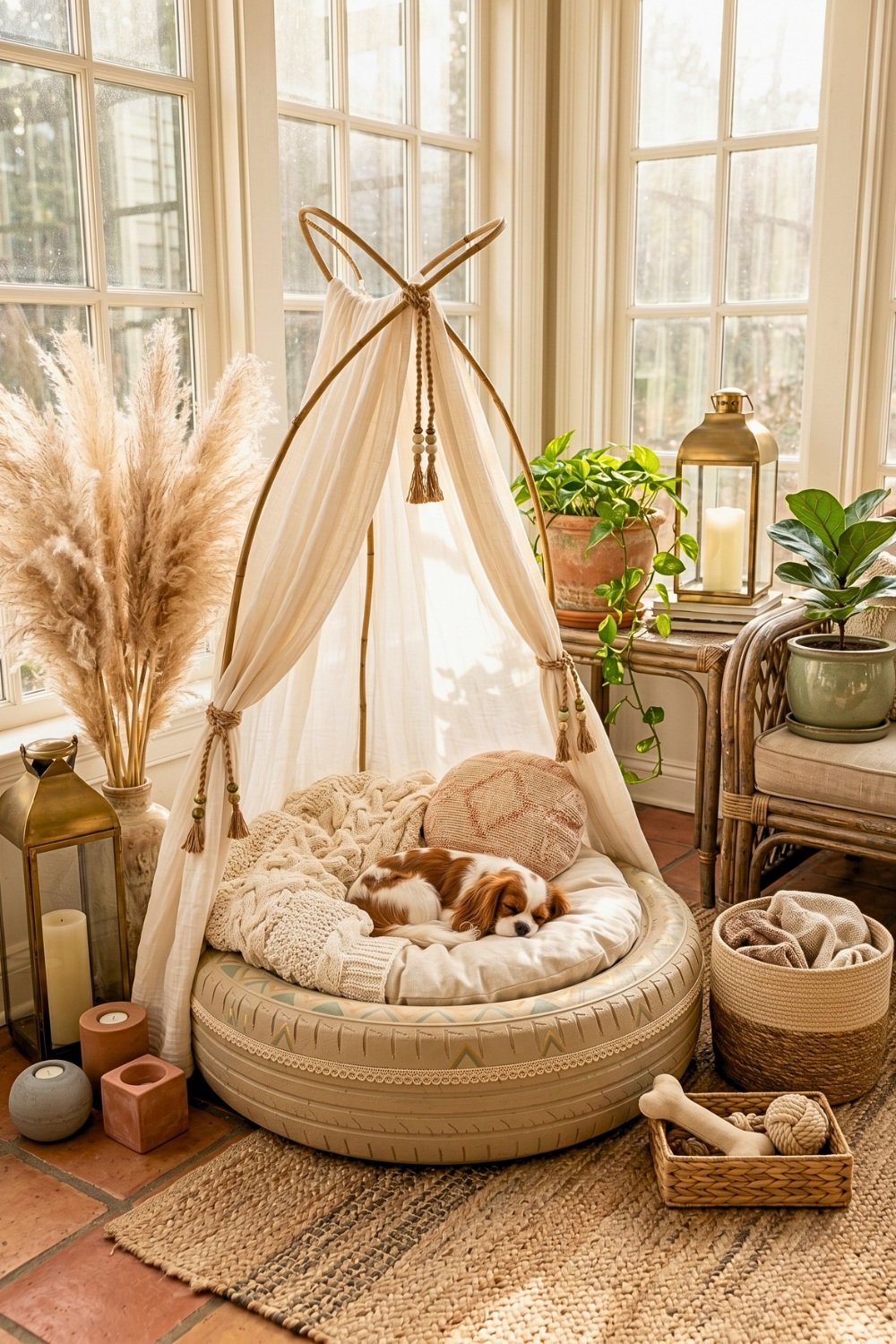 4. Decorated Tire Dog Bed Turns Old Wheel Decor Into a Cozy Indoor Pet Room