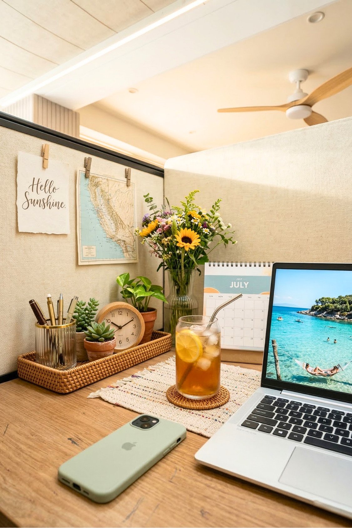 4. Late Summer Cubicle Desk With Citrus And Florals