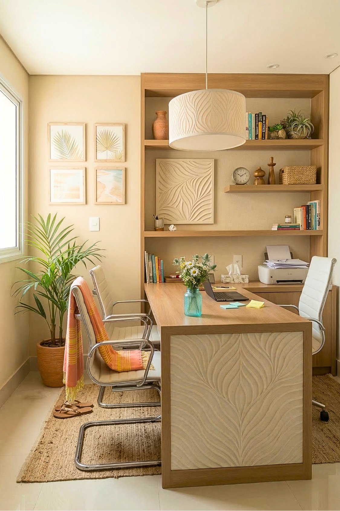 5. Natural Wood Summer Office With Soft Neutral Decor