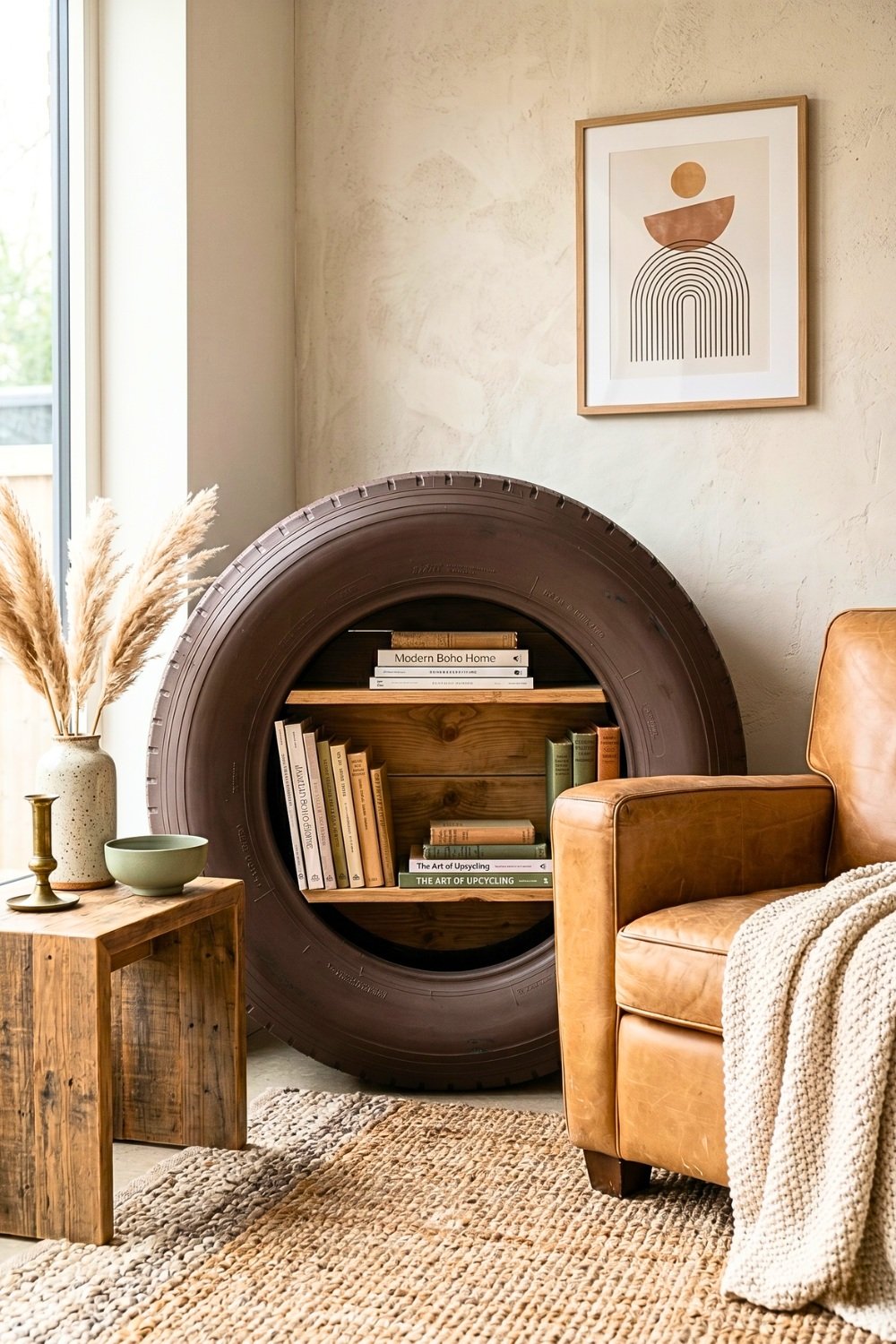 5. Recycled Tire Bookshelf Adds Creative Furniture Decoration to a Warm Boho Home Room