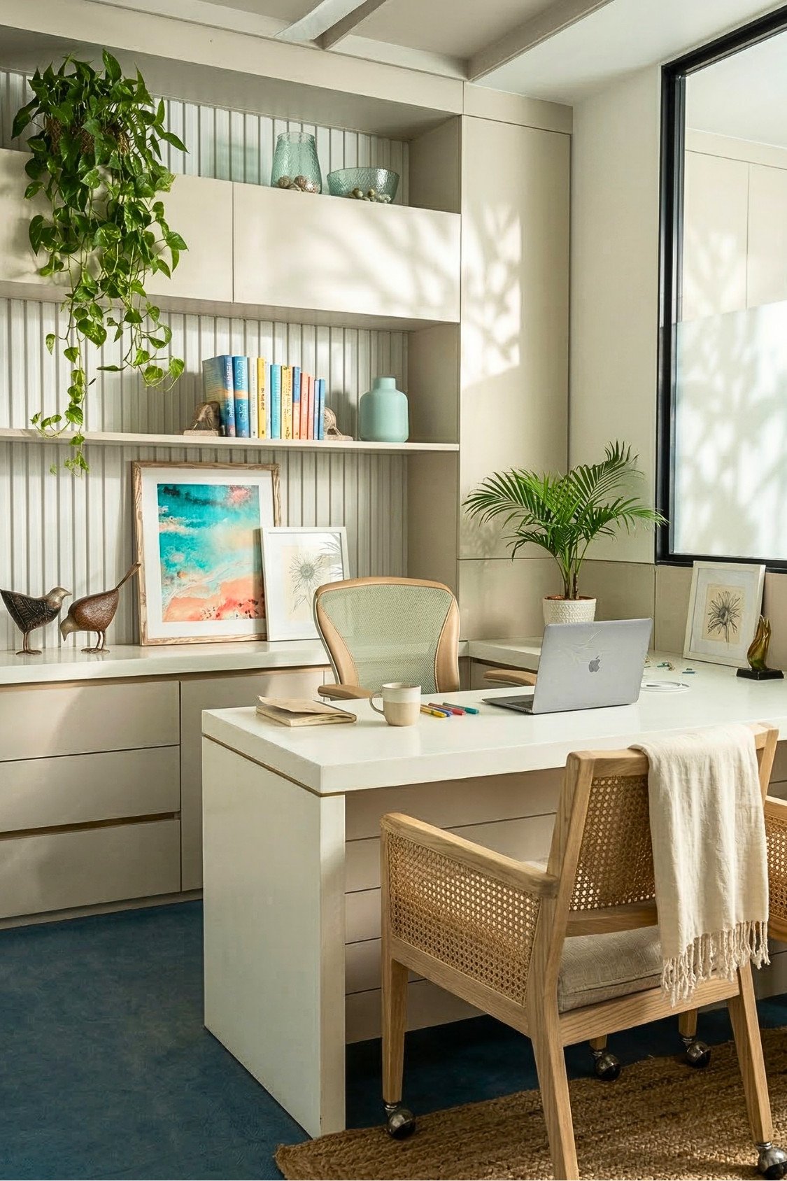 6. Airy Coastal Summer Office With Built-In Storage7. Natural Wood Summer Office With Coastal Wall Art