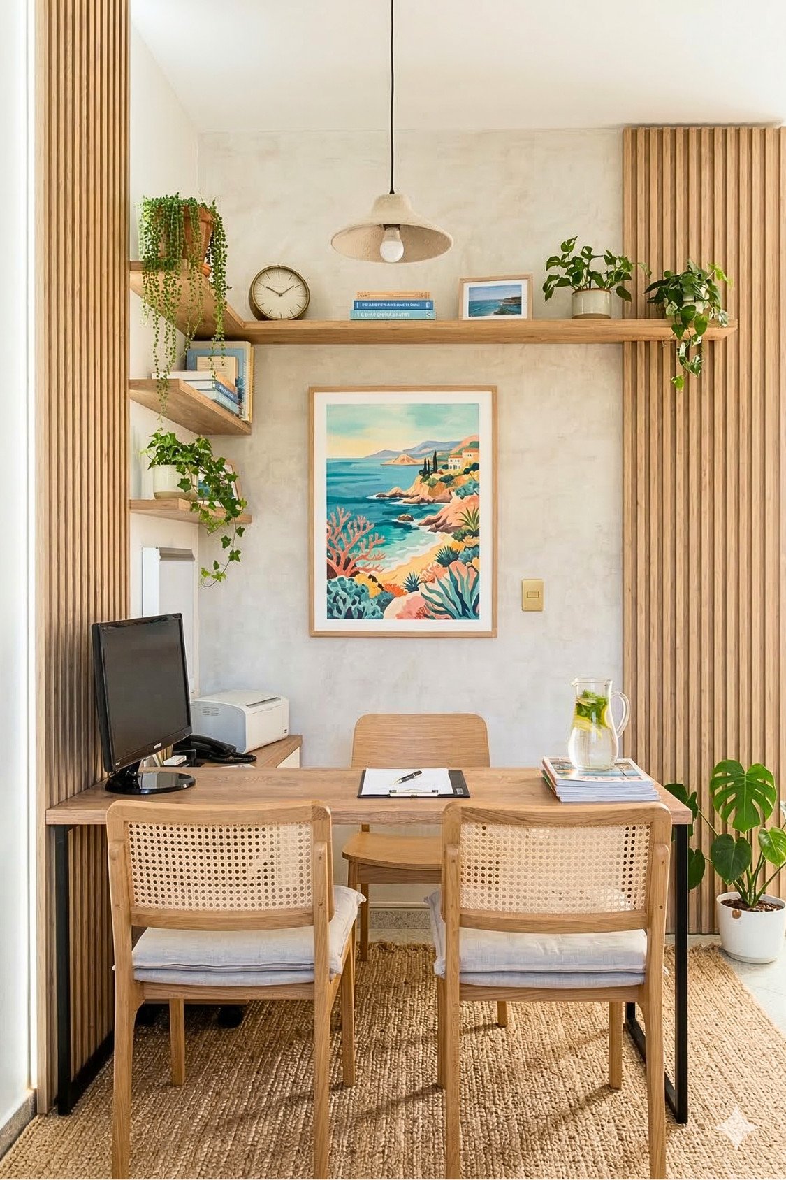 7. Natural Wood Summer Office With Coastal Wall Art