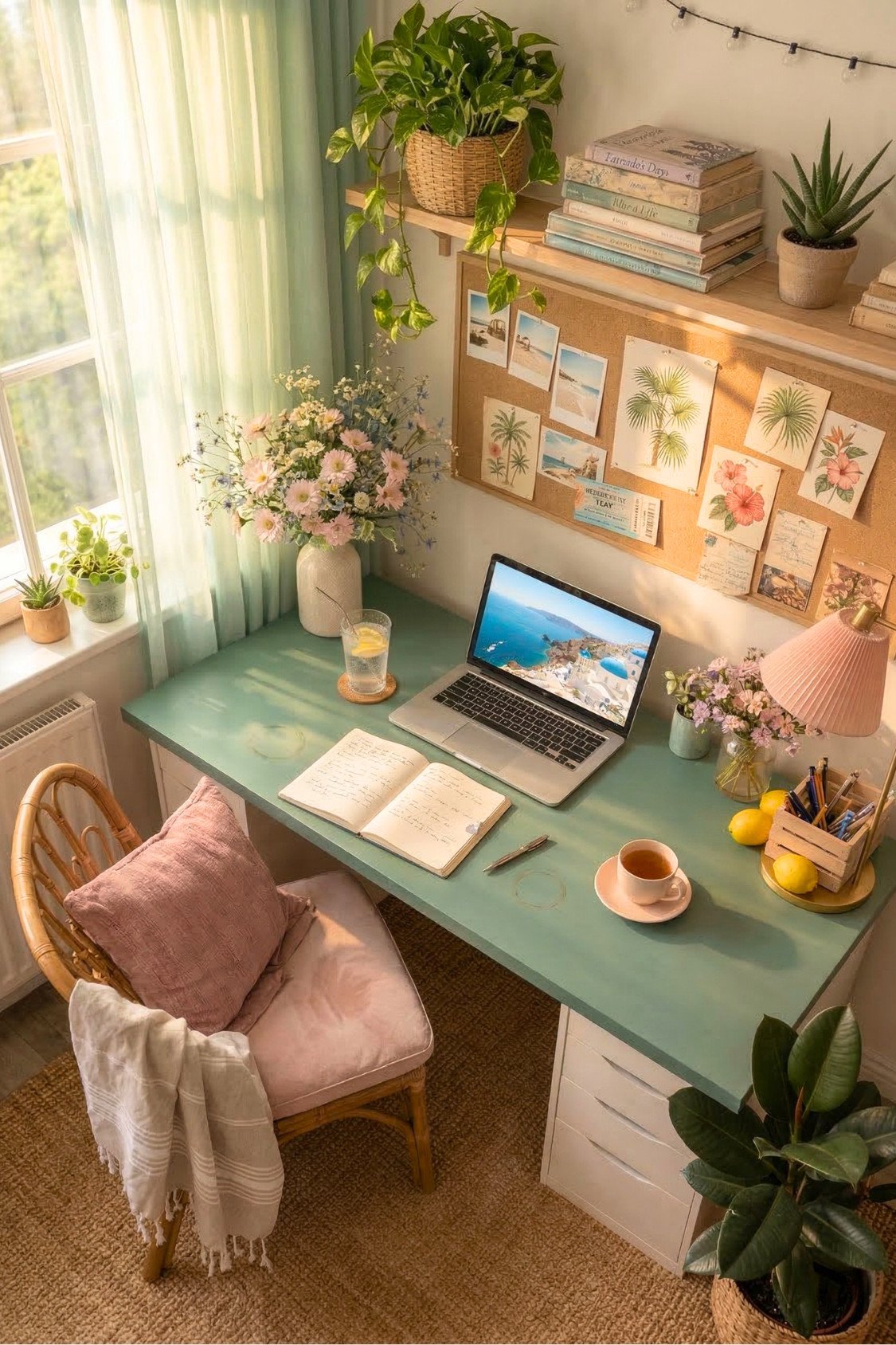 8. Soft Pastel Summer Desk With Floral Cottage Vibes