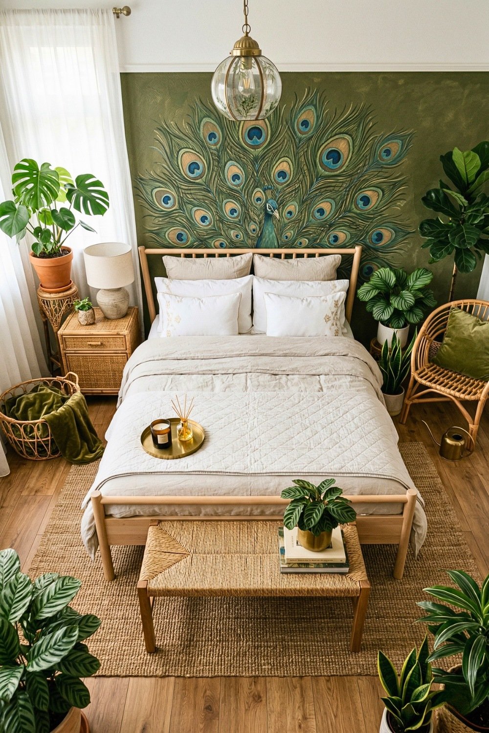 Boho Style Peacock Bedroom With Rattan Furniture And Green Accent Wall
