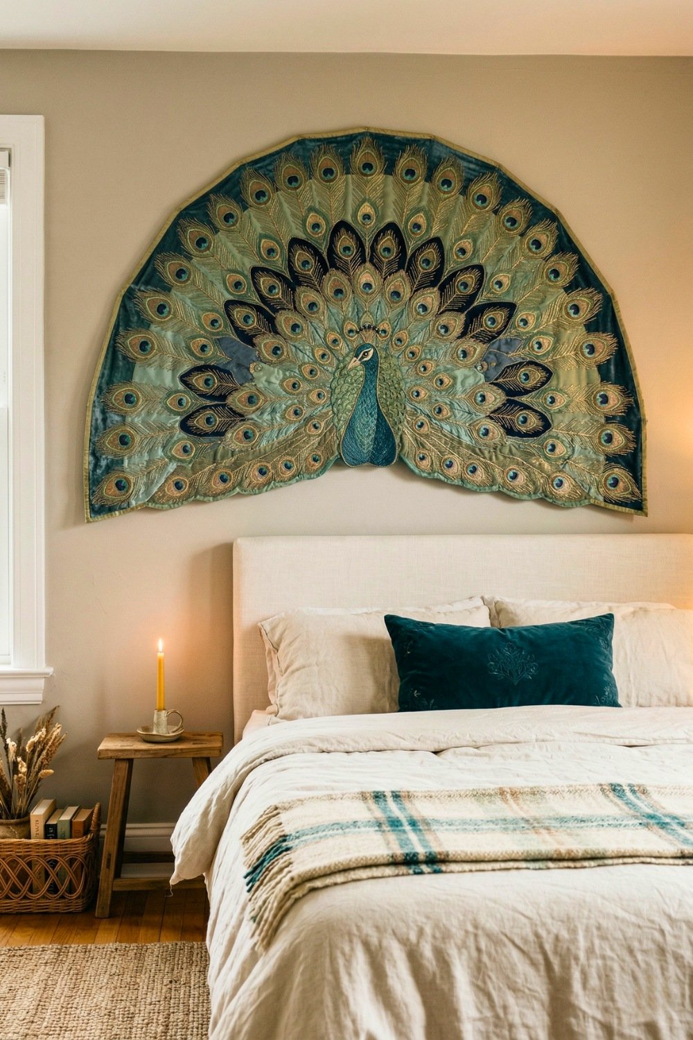 Detailed Peacock Textile Wall Art Displayed Above A Neutral Bed For A Vintage Aesthetic