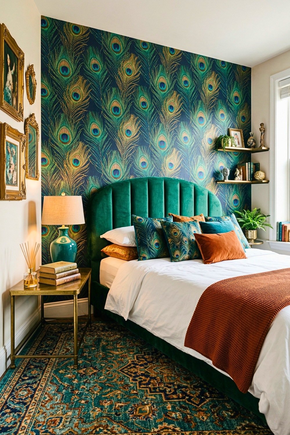 Dramatic Maximalist Peacock Theme Bedroom Featuring Rich Teal And Green Feather Wallpaper Plus A Luxurious Velvet Headboard
