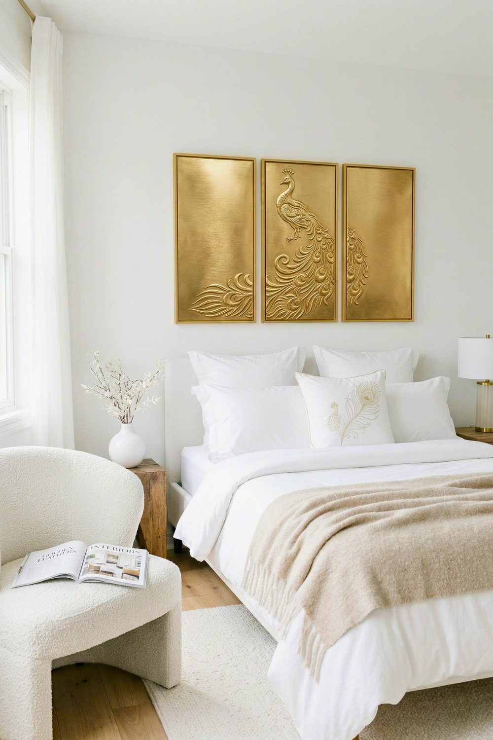 Elegant Gold Peacock Wall Art Panels In A Bright Modern White Bedroom