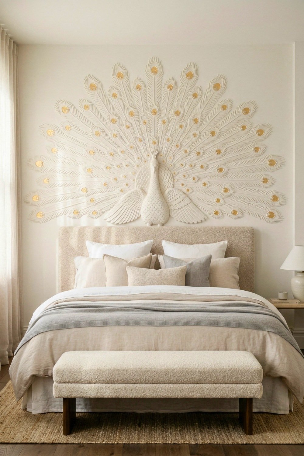 Elegant White And Beige Modern Bedroom With 3D Peacock Wall Carving Headboard